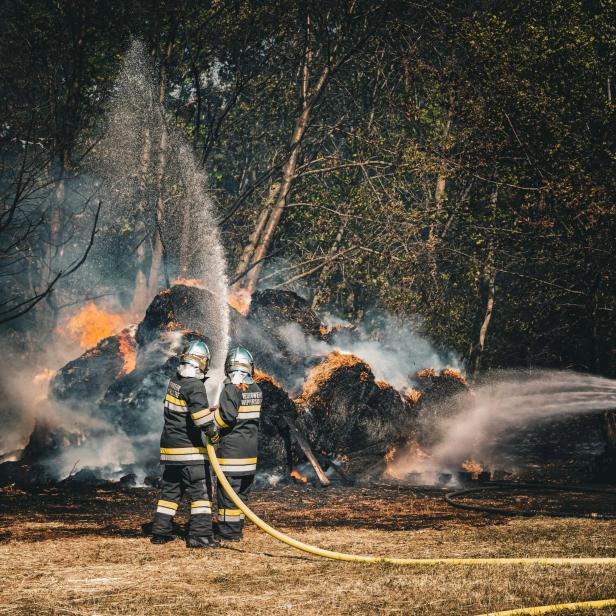 Feuerwehrleute löschen einen brennenden Stroh- und Vegetationshaufen im Wald bei Kaisersdorf.