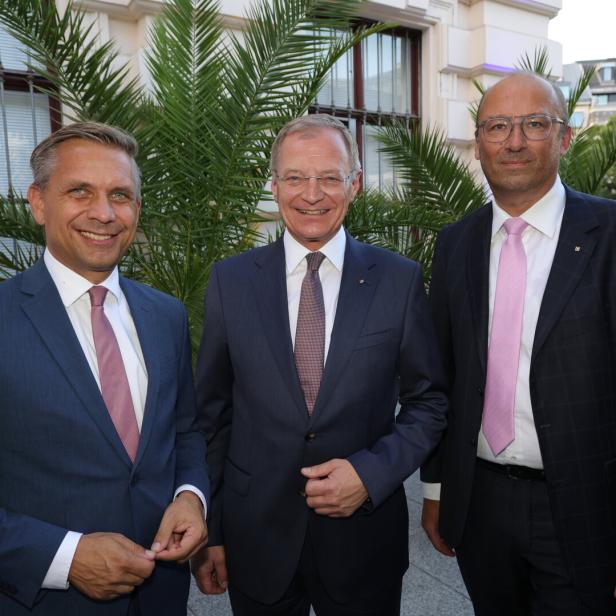 Drei Männer in Anzügen und mit Krawatten stehen lächelnd vor einer Palme im Freien.