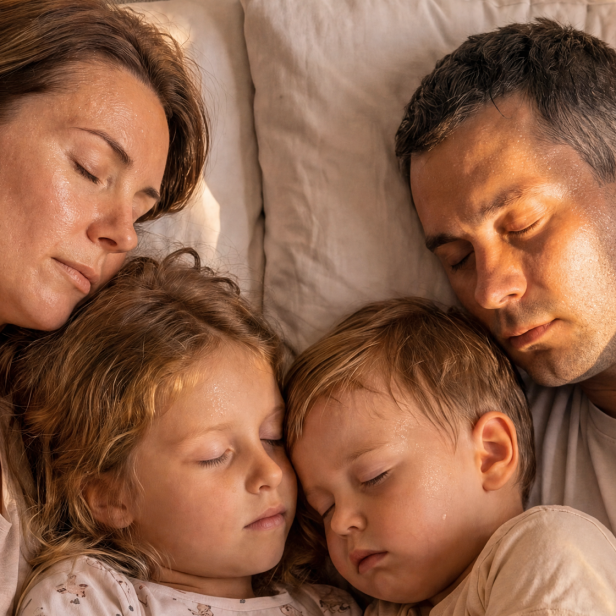 Eine Familie schläft eng aneinander gekuschelt im Bett.