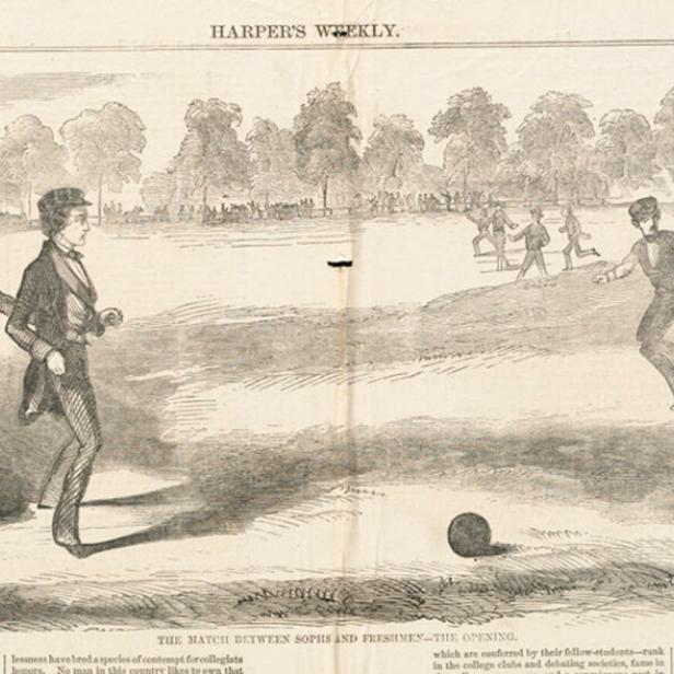 Eine historische Illustration aus Harper's Weekly zeigt ein sportliches Aufeinandertreffen zwischen Studenten der Sophomores und Freshmen.