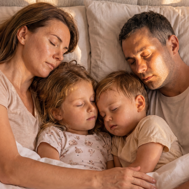 Eine Familie schläft eng aneinander gekuschelt im Bett.