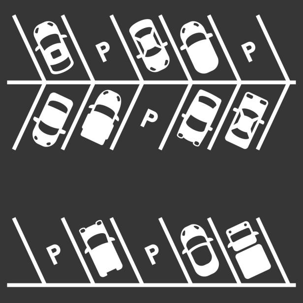Gezeichnetes Bild eines Parkplatzes, wobei auf einigen Stellplätzen Autos stehen, auf anderen nicht