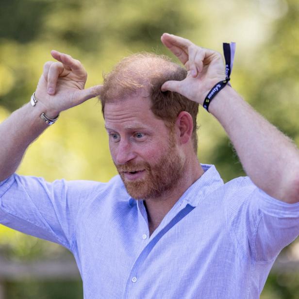 Prinz Harry macht mit seinen Händen Hasenohren über seinem Kopf.
