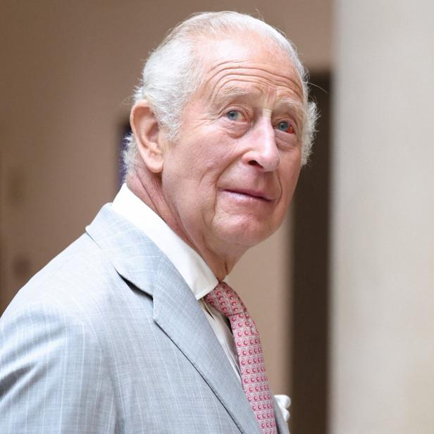 König Charles III. trägt einen hellgrauen Anzug mit weißem Hemd und einer gemusterten Krawatte.
