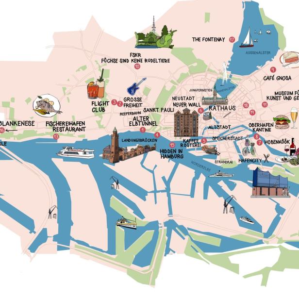 Eine Stadtkarte mit Sightseeingtipps in Hamburg