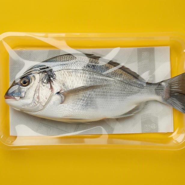 Frischer Fisch in transparenter Schutzverpackung auf gelbem Hintergrund.