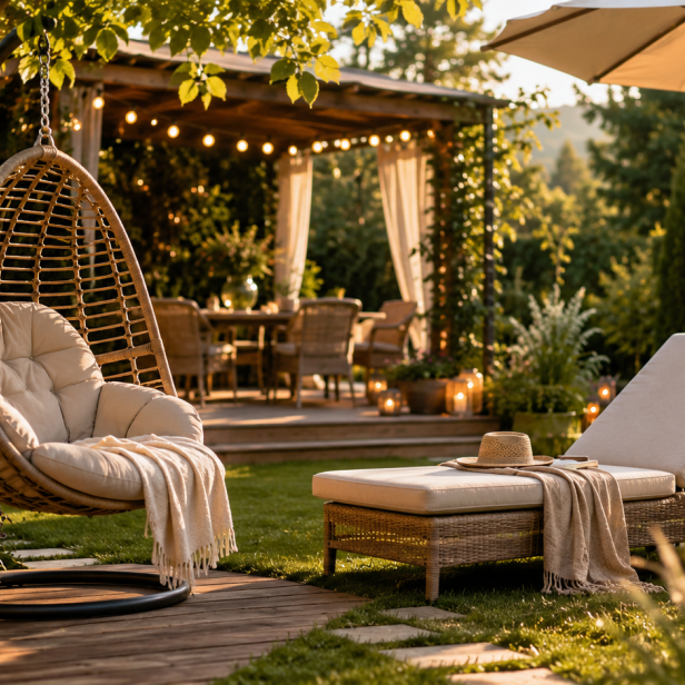 Garten mit hängendem Korbsessel, gepolstertem Liegestuhl, Sonnenschirm und gedecktem Esstisch im Hintergrund.