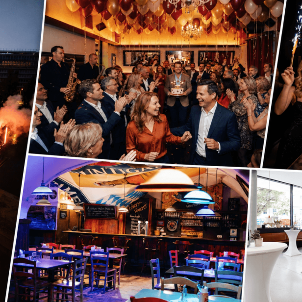 Collage aus vier Fotos: Oben links Menschen feiern auf einer Terrasse am Wasser bei Abenddämmerung mit Feuerwerk, oben rechts eine Gruppe feiernder Menschen mit Sektgläsern und Wunderkerzen, unten links ein rustikales Restaurant mit Holztischen und blauen Stühlen, unten rechts ein heller Veranstaltungsraum mit Stehtischen und großen Fenstern.