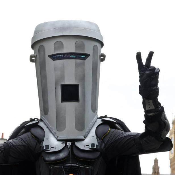 Satirical 'Count Binface' poses during interview with Reuters, ahead of challenge to UK PM Sunak for parliament seat in general election, in London