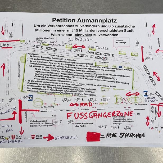 Markierte Petitionsgrafik zu Aumannplatz in Wien mit Verkehrsplan und handschriftlichen Anmerkungen.