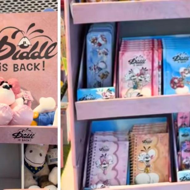 Diddl-Plüschfiguren und Schreibwaren in einem Präsentationsregal mit „Diddl is back!“.