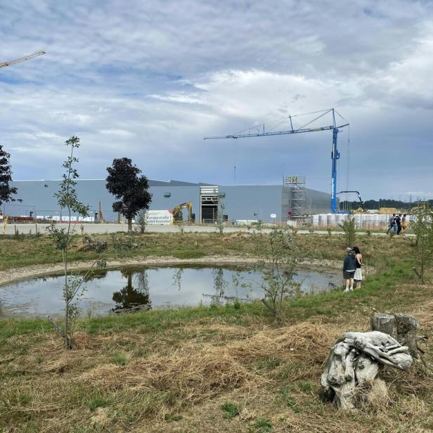 Zwei Personen an einem kleinen Teich vor der Baustelle des neuen Google-Rechenzentrums in Kronstorf.