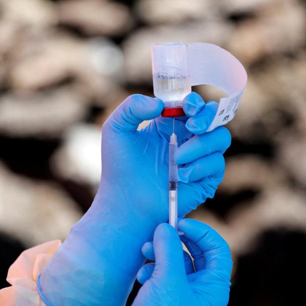 FILE PHOTO: A health worker fills a syringe with Ebola vaccine before injecting it to a patient, in Goma