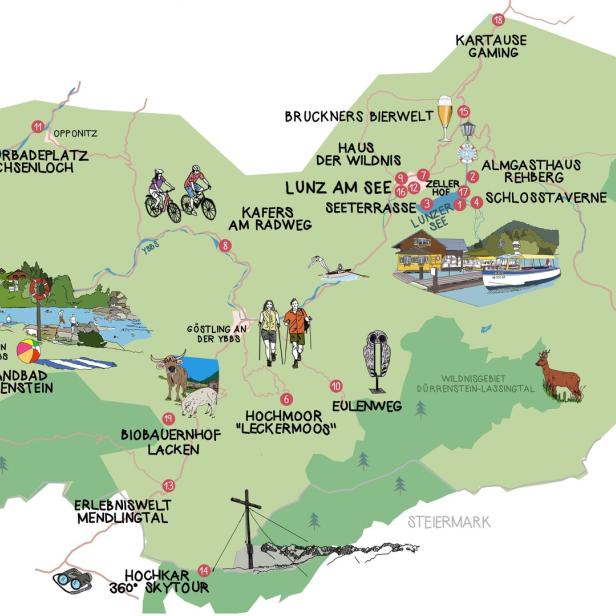 Eine illustrierte Karte zeigt Ausflugsziele wie Lunz am See, Göstling an der Ybbs, das Hochkar und das Wildnisgebiet Dürrenstein-Lassingtal.
