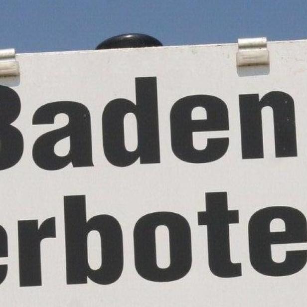 Schild mit der Aufschrift „Baden verboten“ an einem Seeufer.