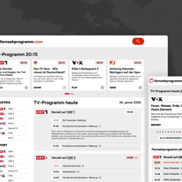 Ansicht von fernsehprogramm.com mit TV-Programm für ORF, VOX und andere Sender auf Desktop und Smartphone.