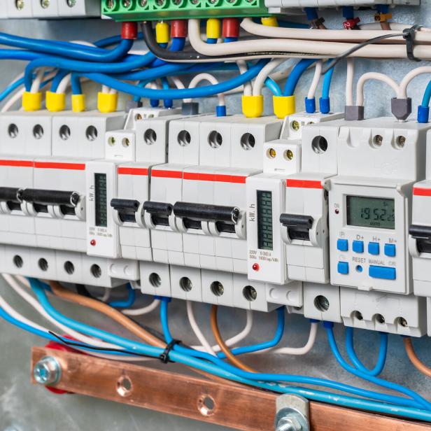 Switches in fusebox. electric power line safety.