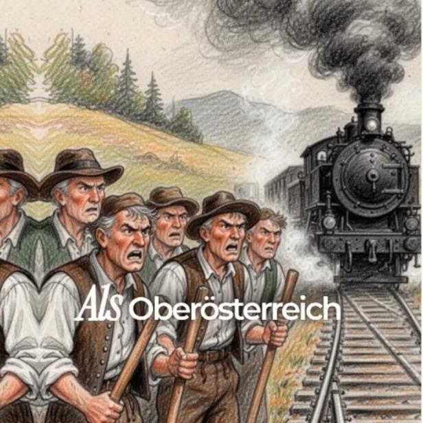 Männer in Tracht protestieren mit Stöcken vor einer dampfenden Lokomotive; der Schriftzug „Als Oberösterreich“ ist zu sehen.