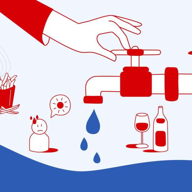 Illustration von einer Hand, die einen Wasserhahn aufdreht.