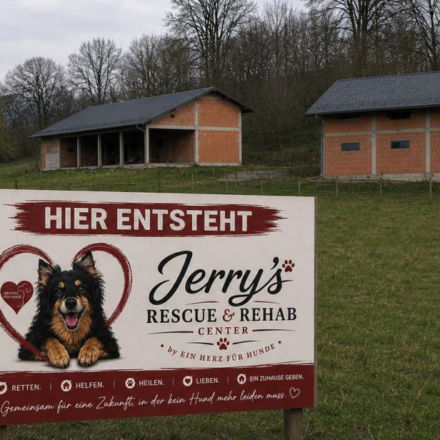 Schild kündigt geplantes Jerry’s Rescue & Rehab Center auf einer Wiese an.