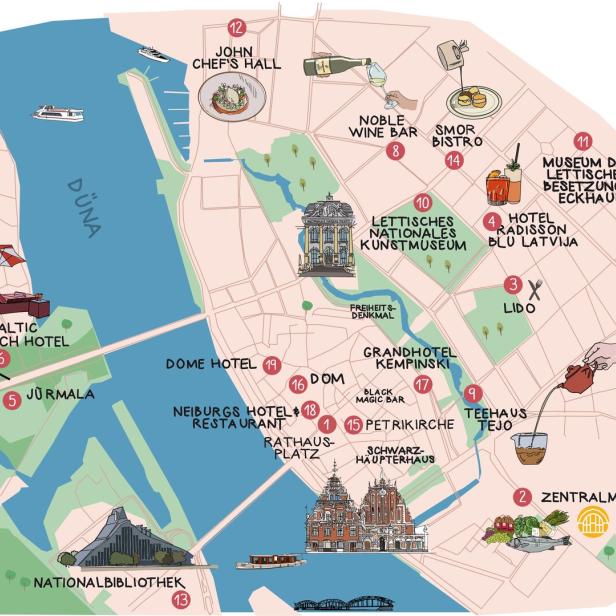 Illustrierte Stadtkarte von Riga mit markierten Sehenswürdigkeiten, Fluss Dūna und vielen Restaurants, Hotels und Museen.