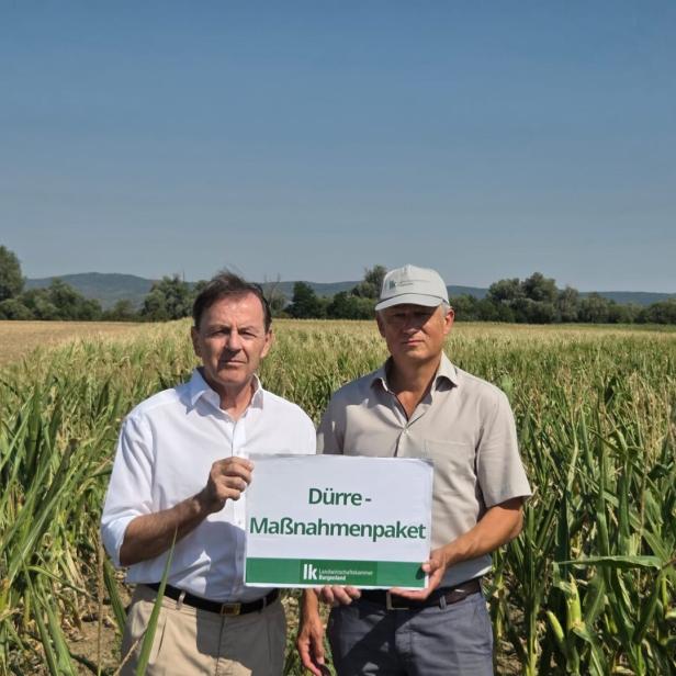 Zwei Männer stehen im Maisfeld und halten ein Schild mit „Dürre-Maßnahmenpaket“.