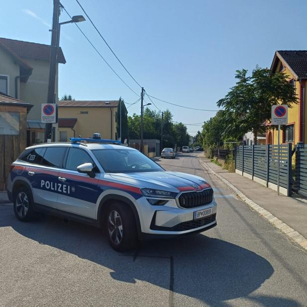Polizeiauto blockiert eine Wohnstraße zwischen Häusern im Sonnenschein.