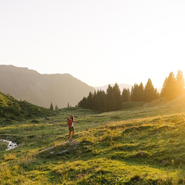 Wanderin auf einer sonnigen Almwiese in den Bergen.