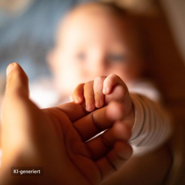 Nahaufnahme einer Babyhand, die einen Erwachsenenfinger umklammert, im weichen Fokus.