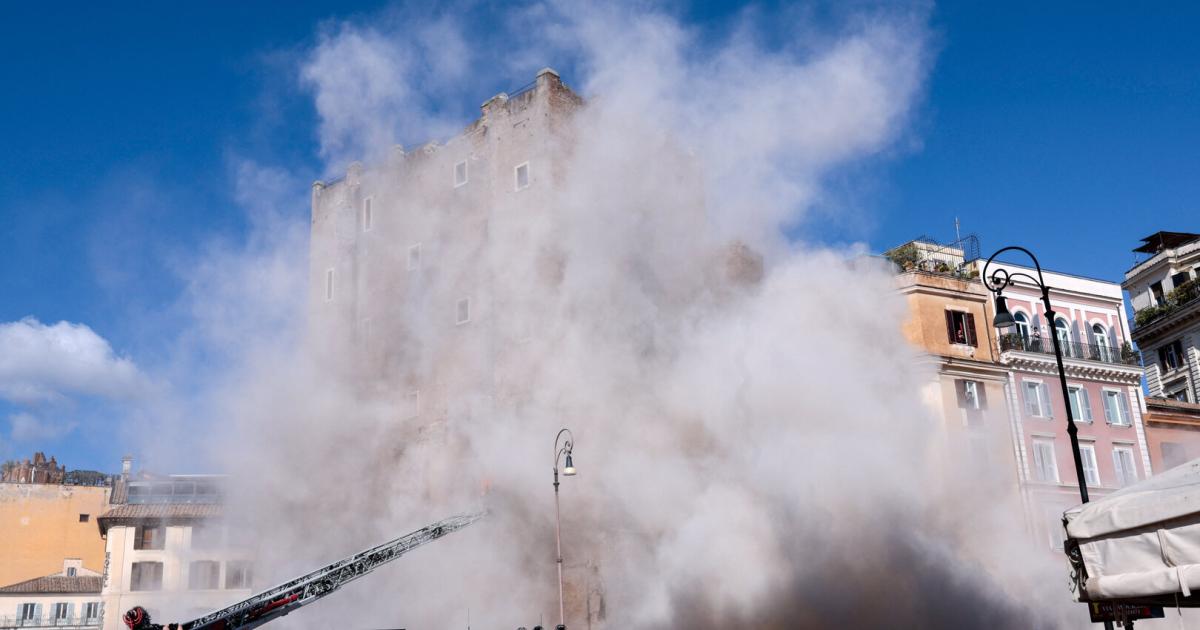 Historical tower Torre dei Conti collapsed on Imperial Forum in Rome