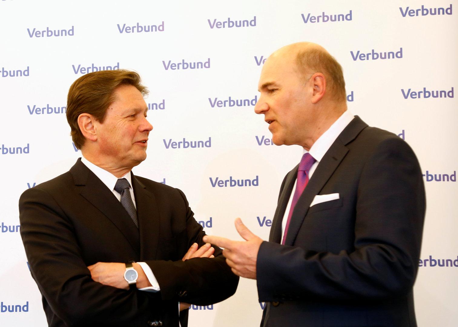 Austrian hydropower producer Verbund CEO Anzengruber talks to CFO Kollmann in Vienna