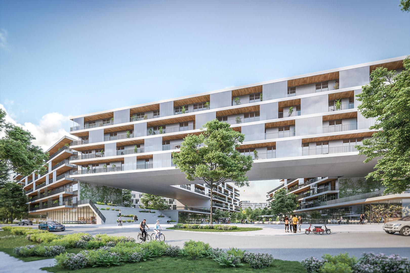 Ein modernes Wohngebäude mit einer ungewöhnlichen architektonischen Gestaltung und begrünten Außenbereichen.