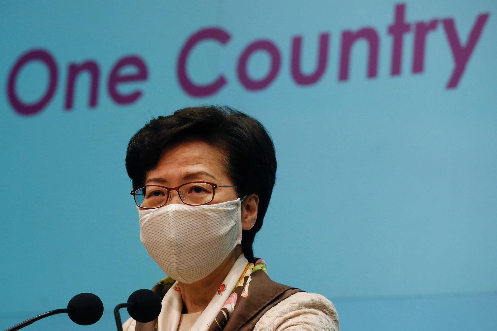 Hong Kong Chief Executive Carrie Lam, wearing a mask due to the ongoing global outbreak of the coronavirus (COVID-19), speaks during a news conference over the new national security legislation in Hong Kong
