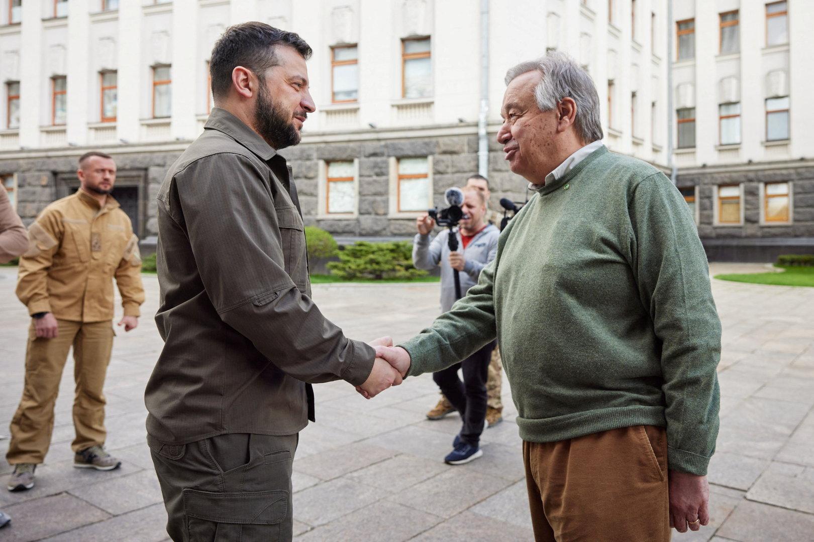 UN Secretary-General Guterres and Ukraine's President Zelenskiy attend a meeting in Kyiv