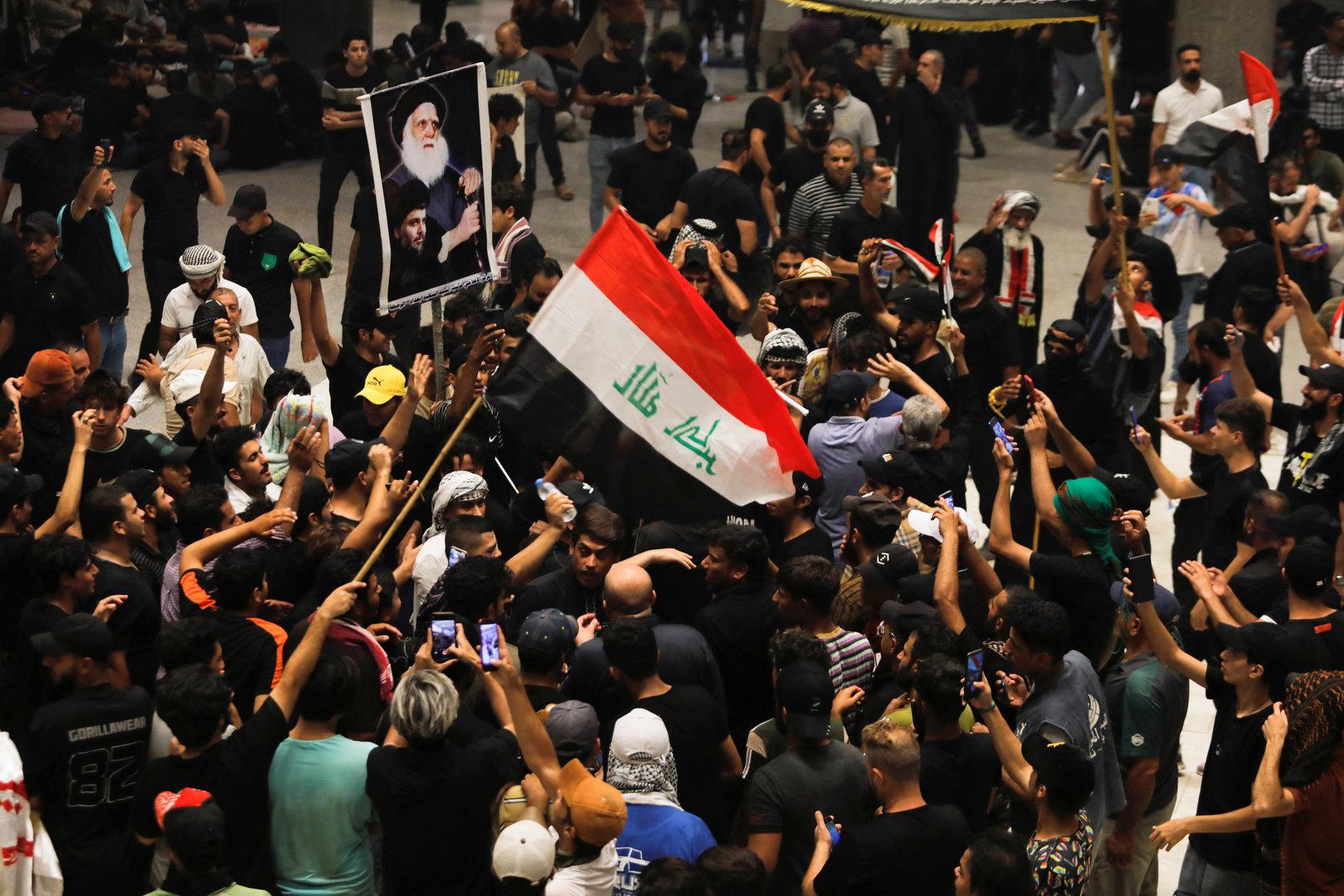 Supporters of Iraqi populist leader Moqtada al-Sadr gather during a sit-in in Baghdad