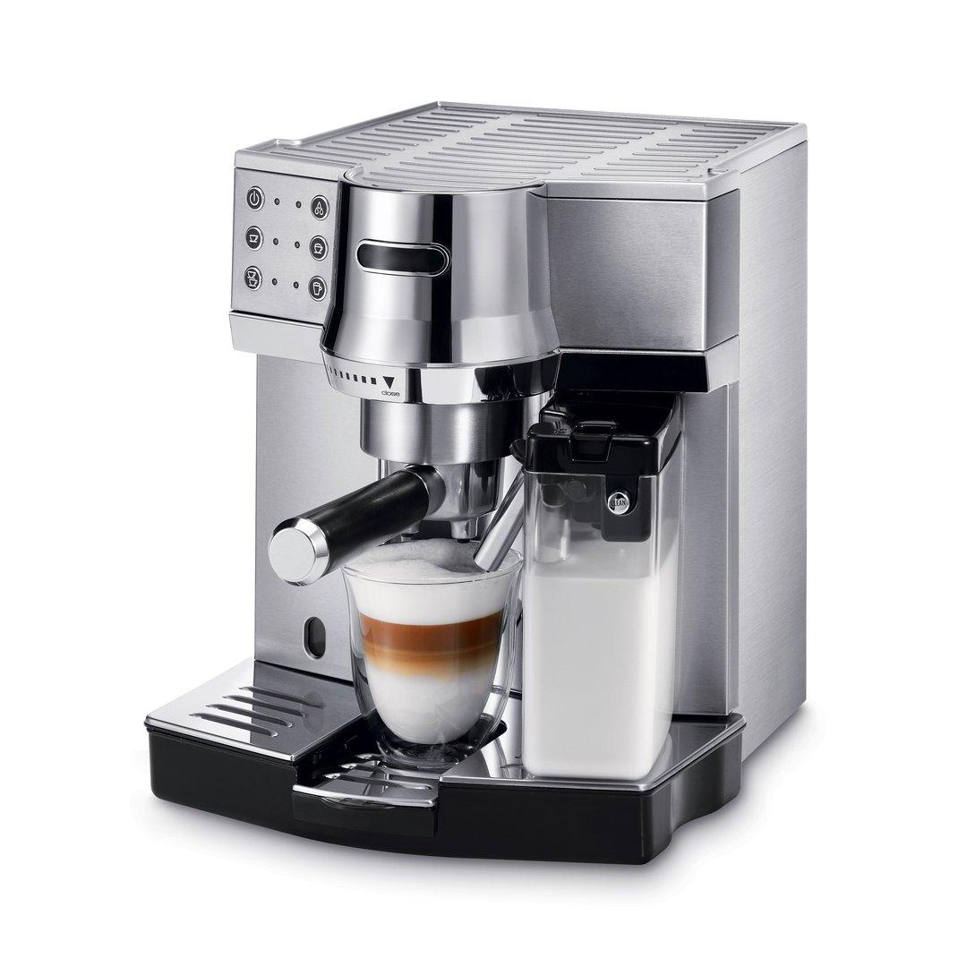 Espresso Coffee Machine Isolated on White. Black and Steel Automatic Coffee Maker with Cup. Electric Coffee-Maker. Domestic and Household Appliances