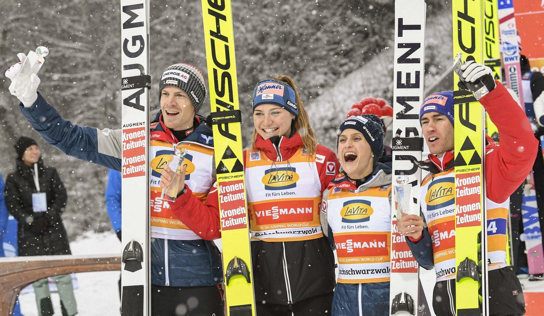 Skispringen: Österreichs Mixed-Quartett gewann Weltcup in Neustadt