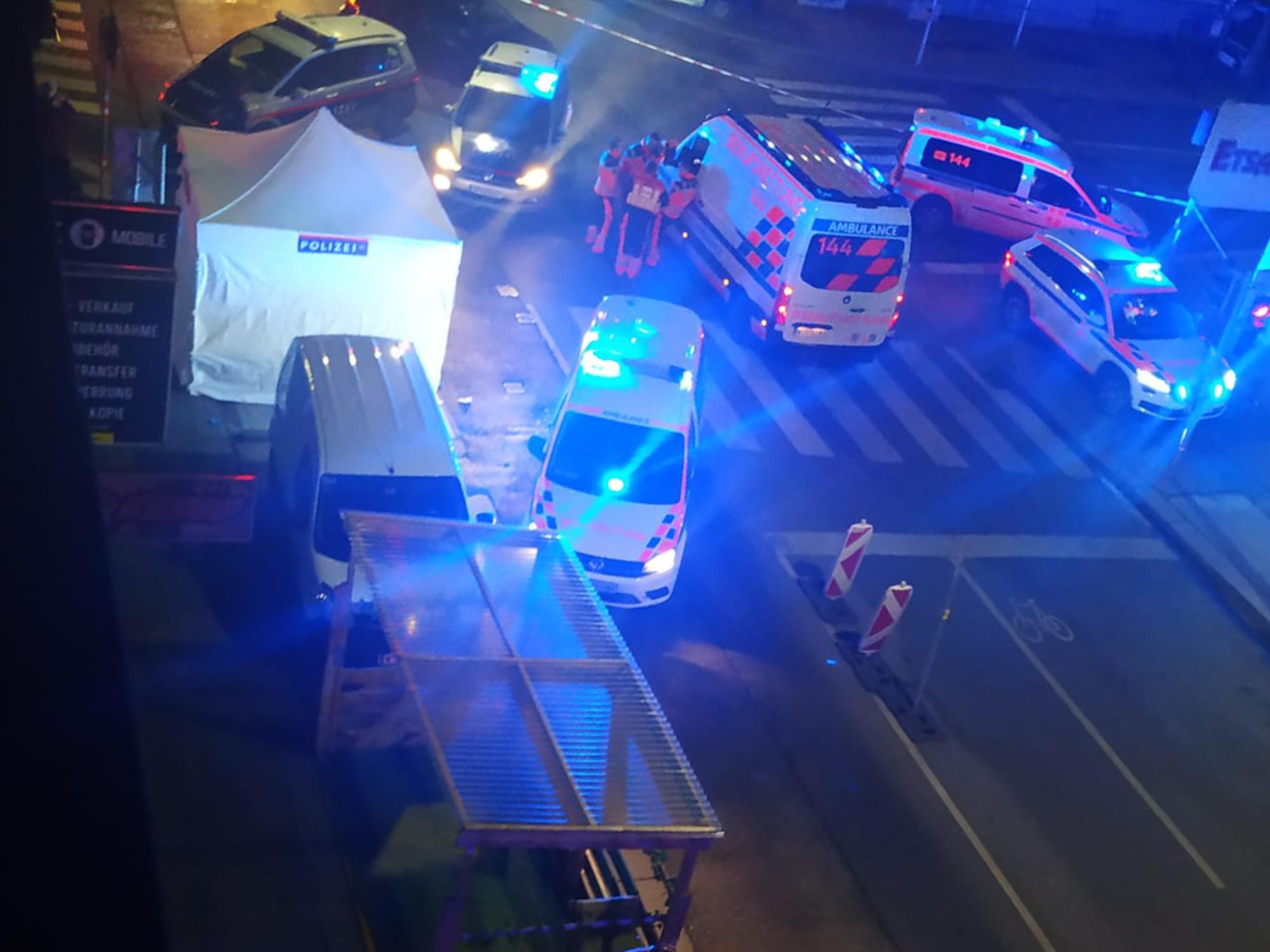 Mehrere Krankenwagen und Polizeiautos stehen mit Blaulicht auf einer Straße.