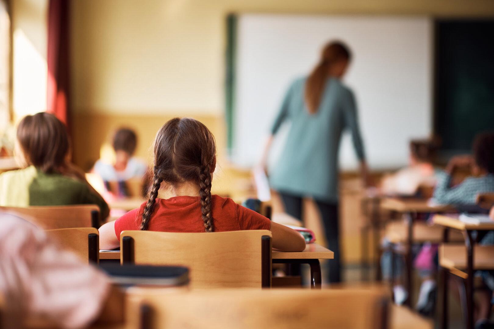 Eine Schulklasse mit einer Lehrerin vor der Tafel und Schülern an ihren Tischen.