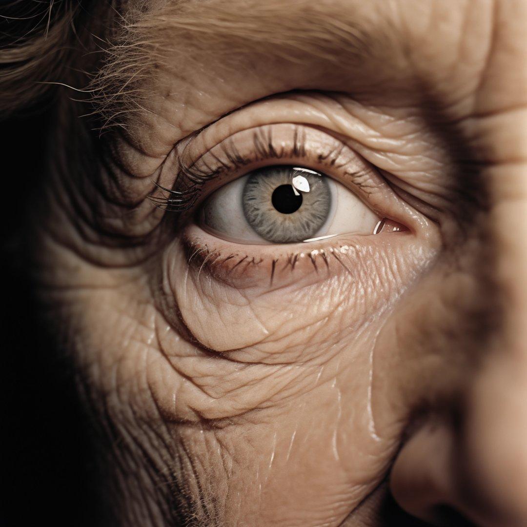 Nahaufnahme eines gealterten Auges mit vielen Falten.