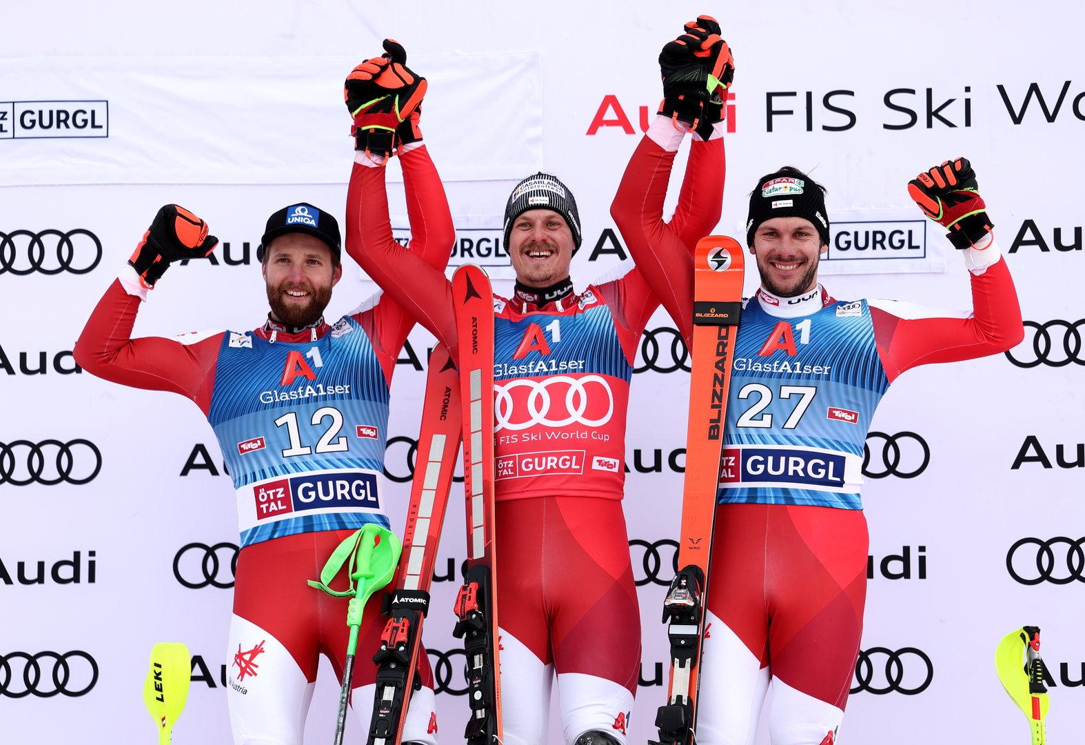 FIS Alpine Skiing World Cup in Gurgl Manuel Feller gewann 2023 in Hochgurgl vor Marco Schwarz und Michael Matt.