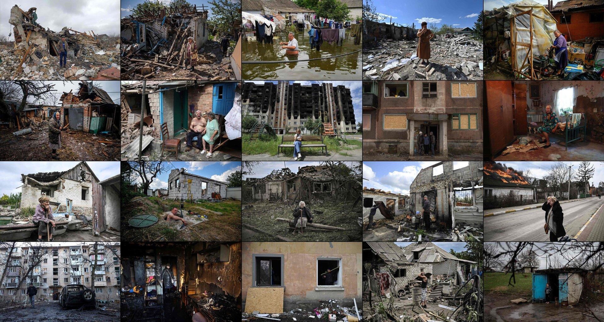 Eine Collage zeigt zerstörte Häuser und Wohnungen in der Ukraine.