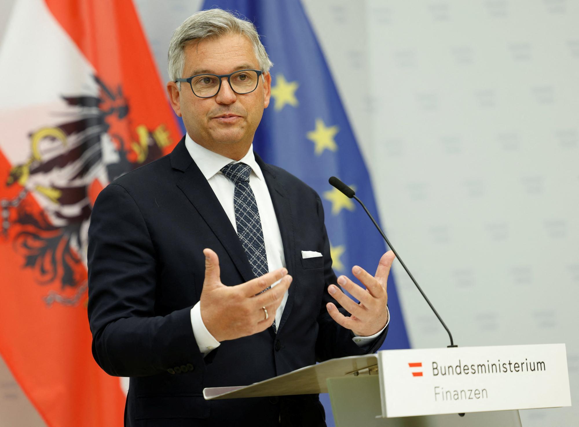 Austrian Finance Minister Brunner attends a press conference in Vienna