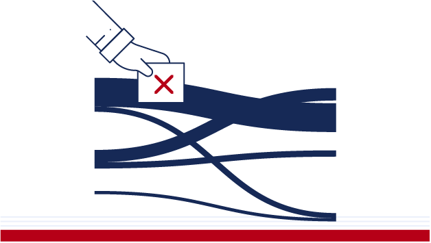 Eine Hand wirft einen Wahlzettel mit einem roten Kreuz in eine stilisierte Wahlurne.