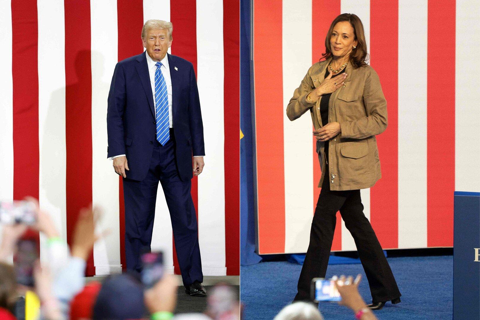 Donald Trump und Kamala Harris stehen vor einem rot-weiß gestreiften Hintergrund.