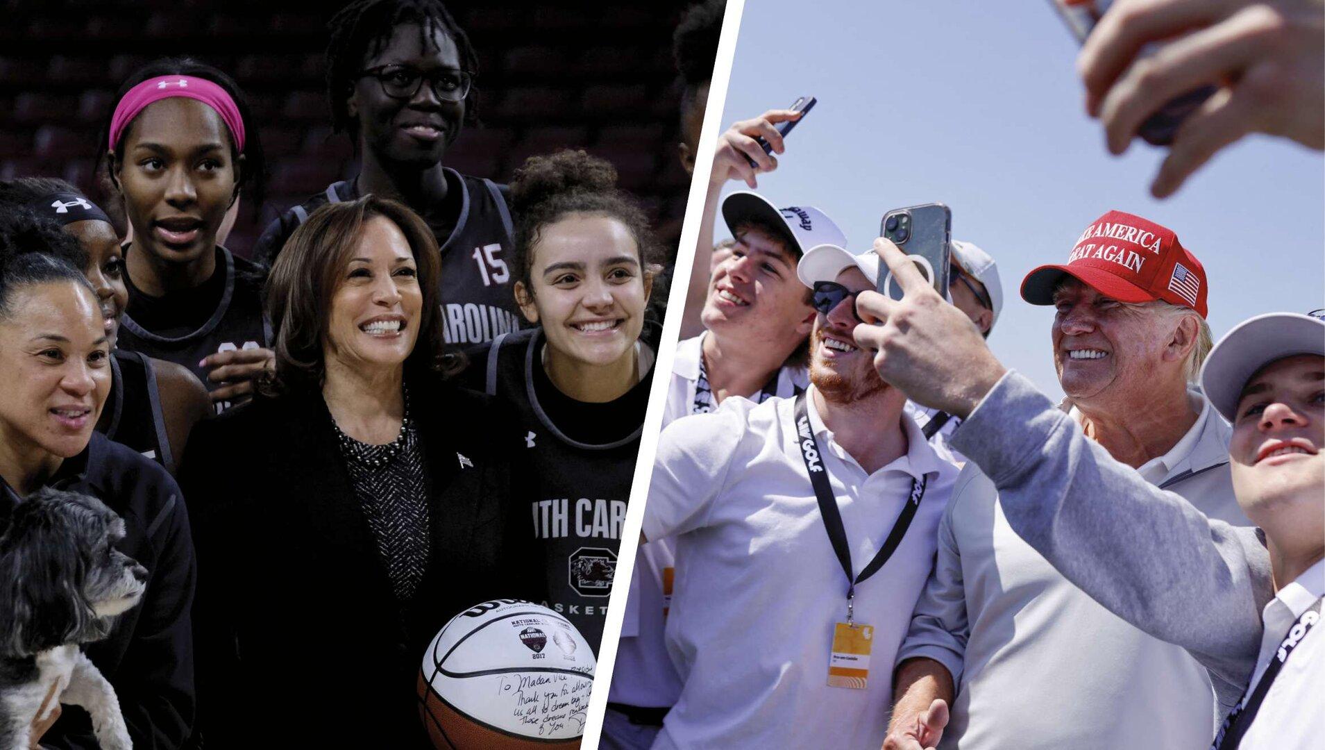 Ein geteiltes Bild zeigt Kamala Harris mit einem Basketballteam und Donald Trump mit Fans.