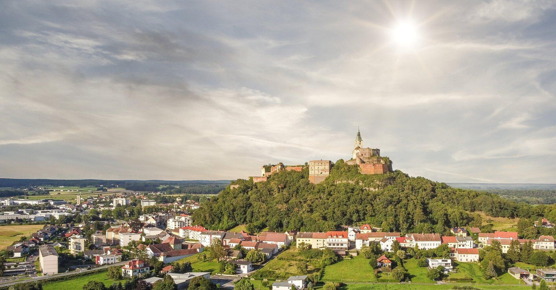Eine große Burg thront auf einem bewaldeten Hügel über einer Stadt mit vielen Häusern bei sonnigem Wetter.