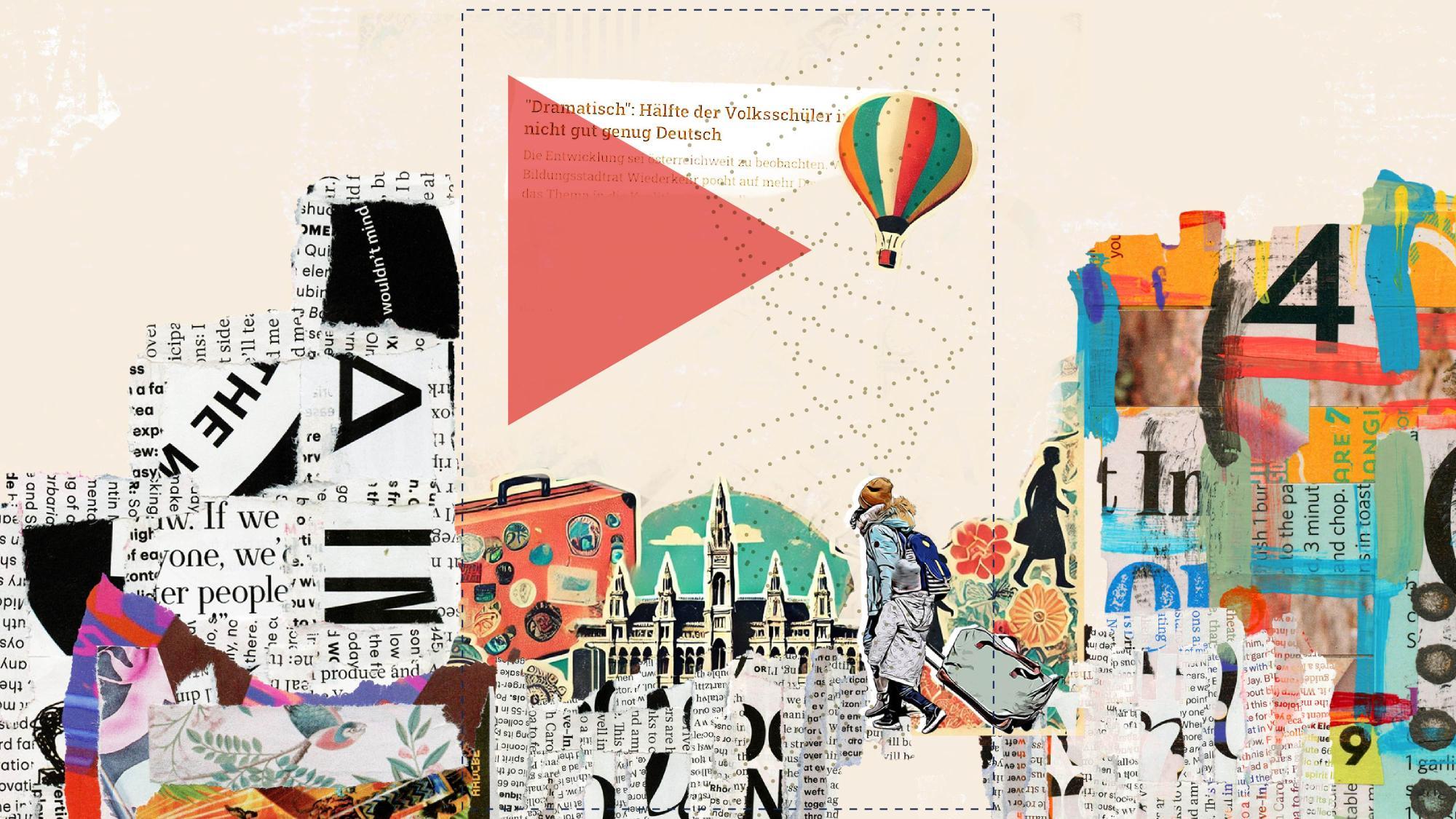 „Symbolbild Migration in Wien: Collage zeigt Wiener Rathaus und Migranten“.