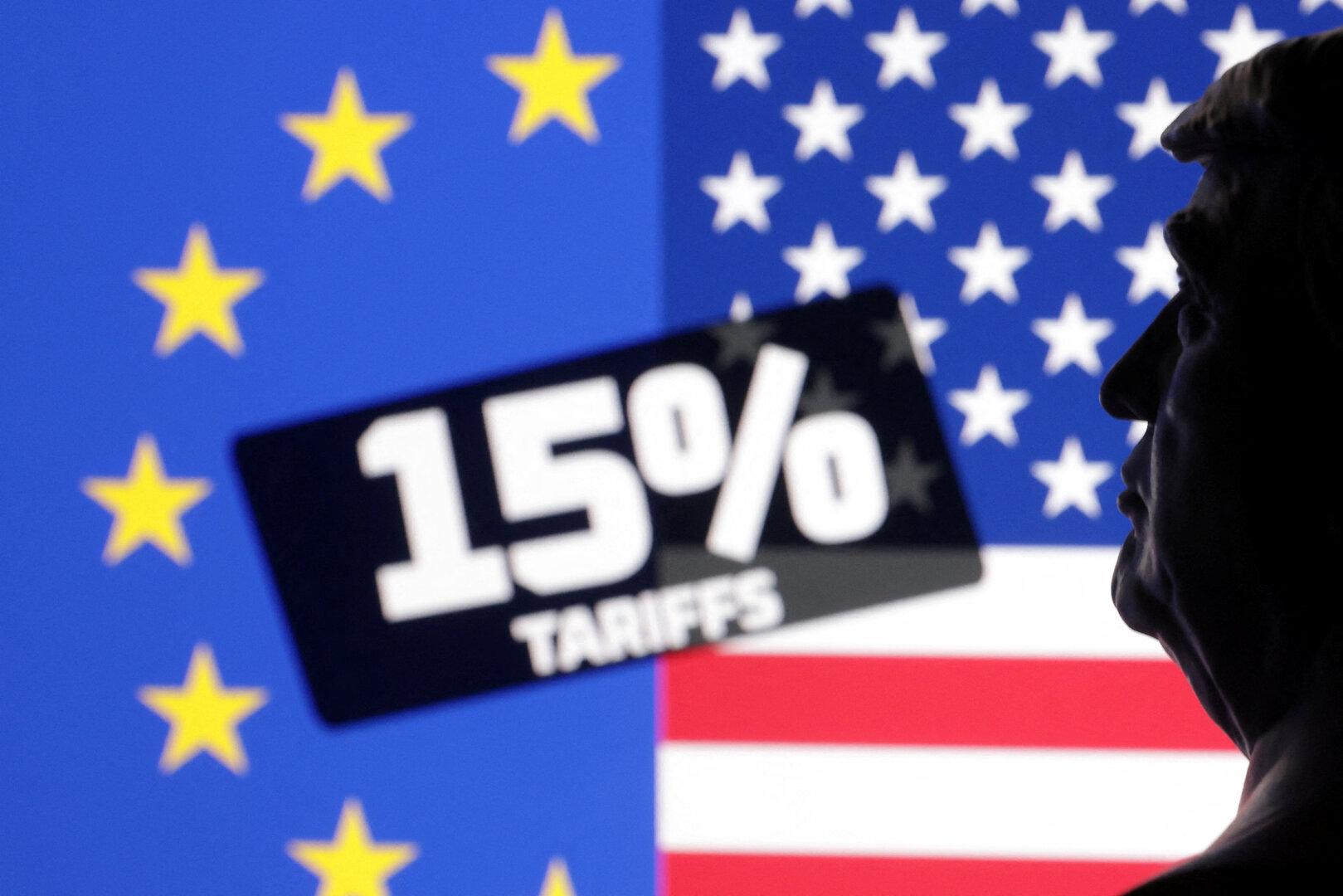 Illustration shows 3D-printed miniature of U.S. President Donald Trump, U.S. and EU flags and words "15% tariffs Illustration shows 3D-printed miniature of U.S. President Donald Trump, U.S. and EU flags and words "15% tariffs