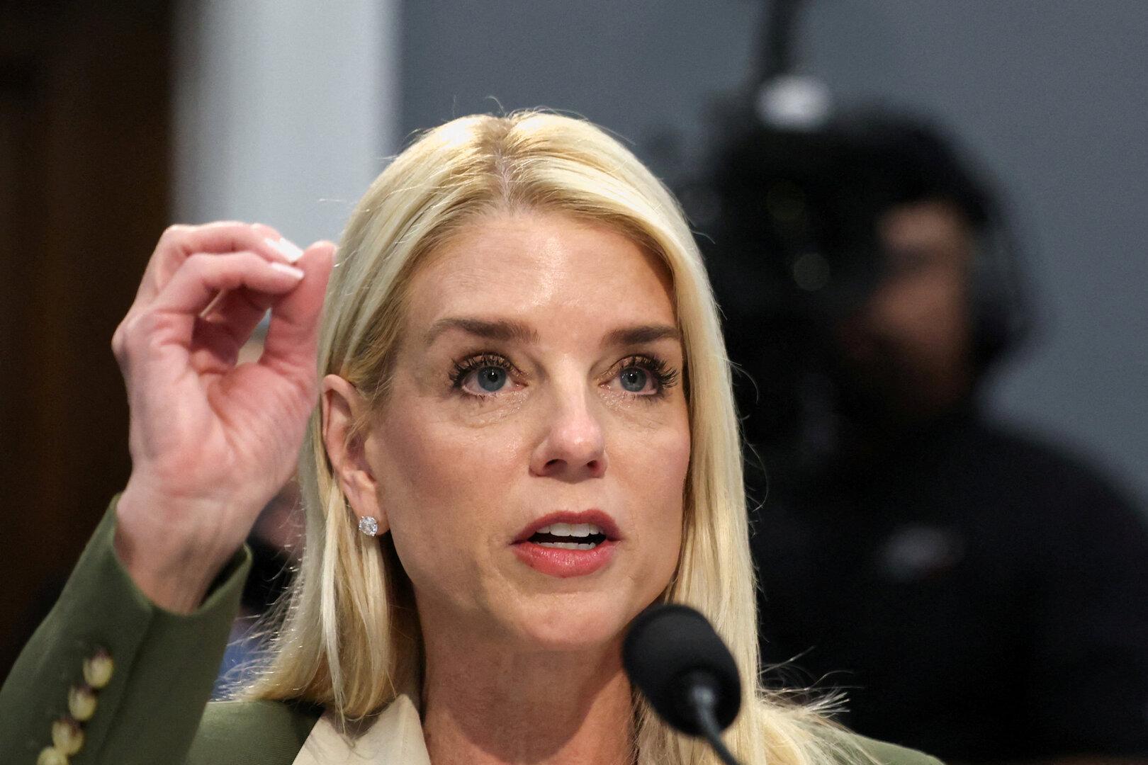 FILE PHOTO: U.S. Attorney General Bondi testifies before a House Appropriations Justice Subcommittee hearing, on Capitol Hill